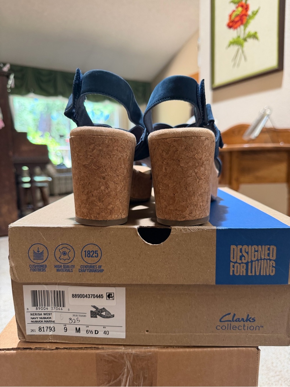 Clarks Navy Suede Cork Block Heel Sandals